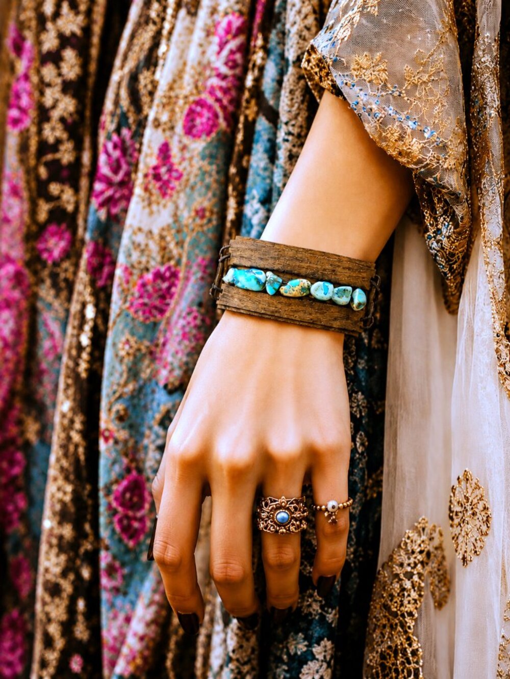 Boho Distressed Leather Cuff Bracelet, Turquoise Stone, Rustic Western Festival